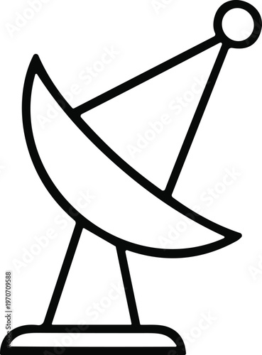 with parabolic reflector and feed horn, communication technology symbol, black and white vector illustration for broadcasting and data