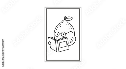 Cute Lemon Character Reading a Book with Glasses, Black and White Line Art