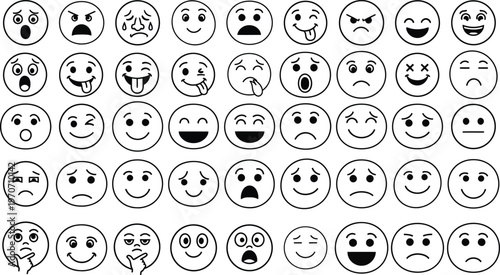 Collection of diverse black and white facial expressions and emoticons