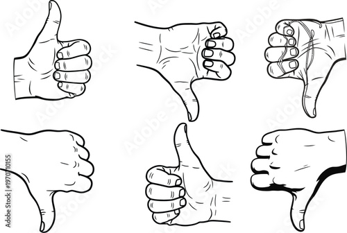 Hand gestures thumbs up and down collection in black and white sketch