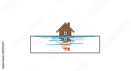 Cozy Wooden Cabin Reflected in Calm Water, Serene Nature Scene