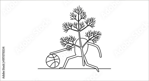 Creative tree character dribbling a basketball, unique sports concept