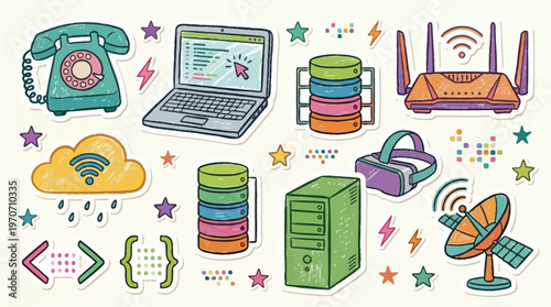 Colorful Internet Technology Icons with Cloud and Stars
