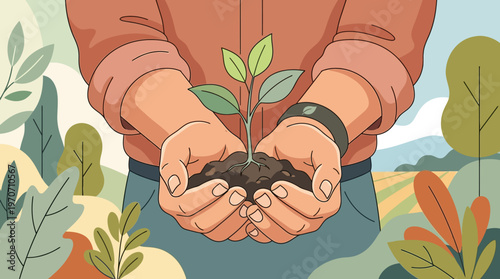 A diverse group of workers holding a plant with soil in a natural outdoor setting with trees and hills.