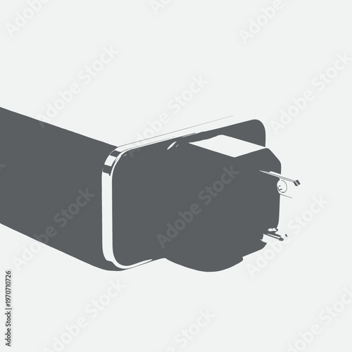 Close up of a simple, modern, flat, and rounded battery with two prongs against a muted background, highlighting its minimalist design and industrial aesthetic