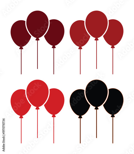 Red and black balloon clusters vector set, elegant party balloon silhouettes, minimalist celebration decor elements for greeting cards and events
