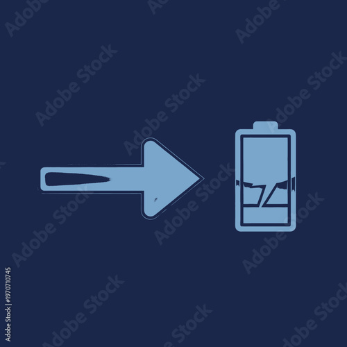 Minimalist vector illustration of an arrow pointing towards a broken battery icon, representing critical power failure, energy depletion, or device malfunction. Simple outline graphic