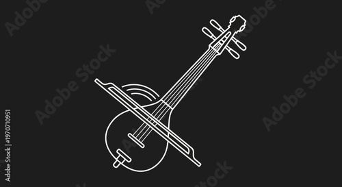 White outline of a Sarangi, a traditional Indian string instrument, on black background