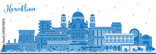 Outline Heraklion Greece Crete City Skyline with Blue Buildings. Illustration. Tourism Concept with Historic and Modern Architecture. Heraklion Cityscape with Landmarks.