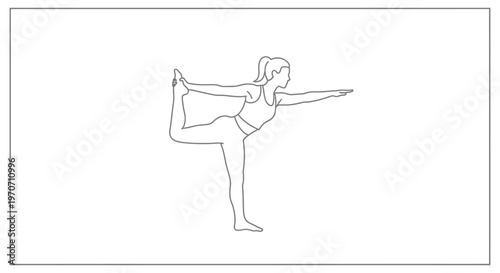 Woman practicing yoga, Natarajasana pose, Lord of the Dance, line art, minimalist, white background