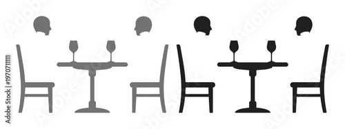 Minimalist restaurant icon set, abstract dining silhouettes with table and chairs, black and grey cafe furniture vector for floor plan mapping