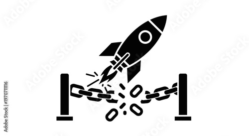 A black and white icon depicting a rocket breaking through a metal chain barrier, symbolizing breakthrough and freedom.