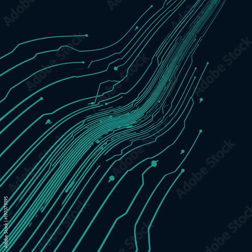 Abstract digital network of flowing teal lines against a dark blue background representing data transmission and connectivity