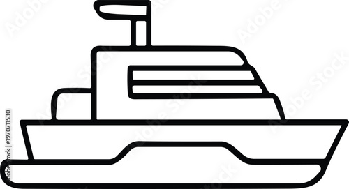 Side-view boat icon with flat base, cabin lines, and top flag for maritime transport and nautical design content