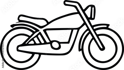 Side-view motorcycle icon with wheels, seat, handlebars, and engine for transport, recreation, and automotive design content