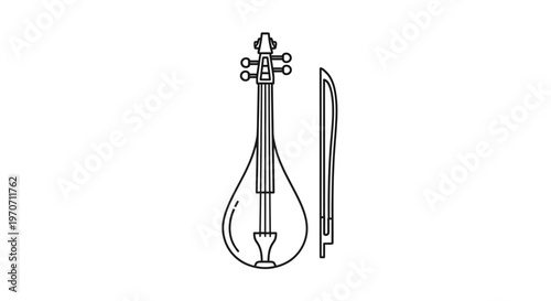 Traditional Lyra Instrument and Bow, Outline Vector Illustration