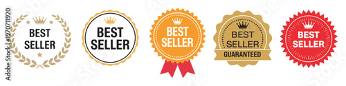 Best seller sticker set, isolated premium quality, gold and red colors, product label badge, marketing and promotional vector design