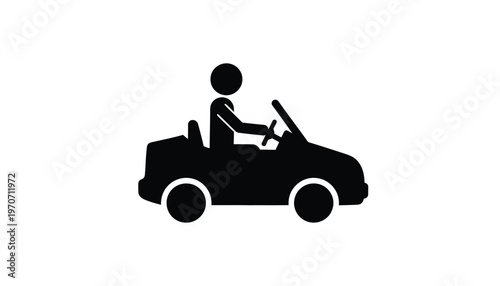 Simple vector graphic illustration of a person driving a classic convertible car design with an open top.