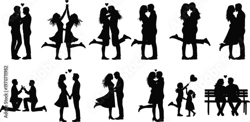 Set of romantic couple silhouettes featuring marriage proposals, kissing, hugging, and lovers spending time together for Valentine's Day and wedding designs.