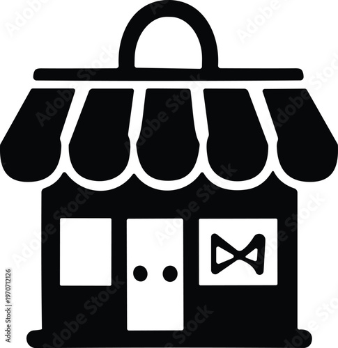 Stylized shop icon with striped awning, bowtie window, and double-door handles for retail and shopping design themes