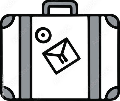Suitcase icon with travel stickers and reinforced corners for tourism, vacation packing, and transportation design themes