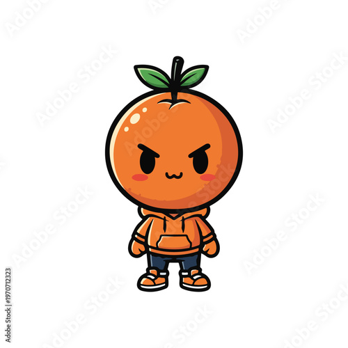 Cartoon illustration of a cute anthropomorphic orange fruit character with a grumpy expression wearing a streetwear orange hoodie and sneakers, isolated on a white background.