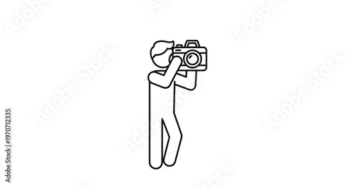 Stick figure photographer taking a picture with a vintage camera, minimalist line art