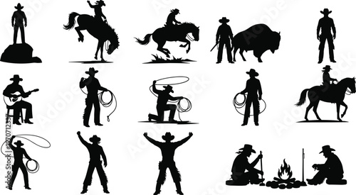 Set of cowboy silhouettes featuring rodeo riders, horse riding, lasso throwing, campfire scenes, and western characters for wild west themed designs.