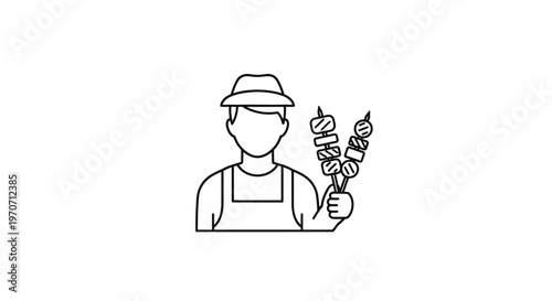 Street Food Vendor Icon Holding Skewers of Grilled Meat and Vegetables