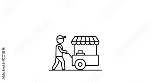 Street Food Vendor Pushing Cart with Canopy and Food Display