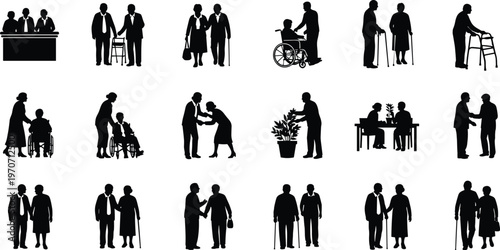 Collection of elderly person silhouettes featuring senior citizens using wheelchairs, walkers, canes, and socializing in various daily life healthcare activities.