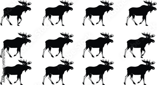 Set of identical black bull moose silhouettes with large antlers in a repeated grid pattern on a plain white background for design and decoration.
