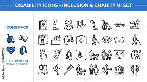 Outline vector icon set of disability inclusion, accessibility and care