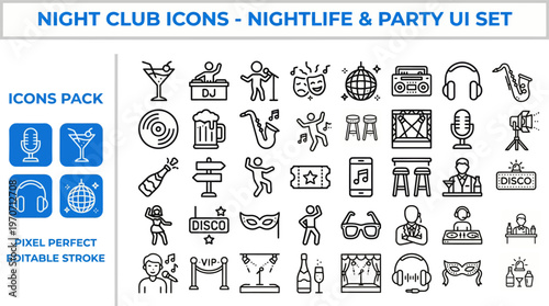 Outline vector icon set of nightclub party, bar and nightlife