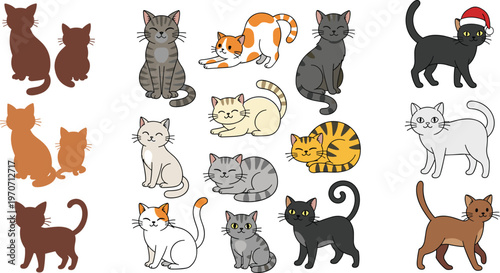 Cute Cartoon Cat Character Set with Different Breeds, Poses, Colors, and Expressions Including Sitting, Sleeping, Walking, and Christmas Hat for Pet Illustration