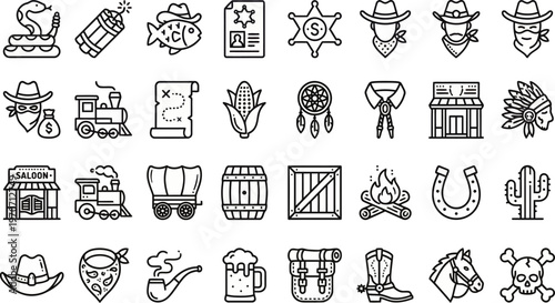Outline vector icon set of wild west, cowboy and western elements