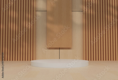 Escena minimalista con pedestal blanco central y fondo de madera simétrico. Iluminación suave con sombras de follaje para presentación de marca, joyería o belleza.
