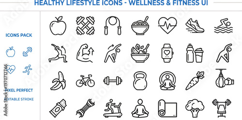 Outline vector icon set of healthy lifestyle, fitness and diet