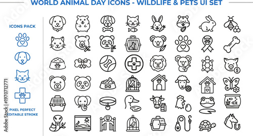 Outline vector icon set of domestic pets, animals and wildlife