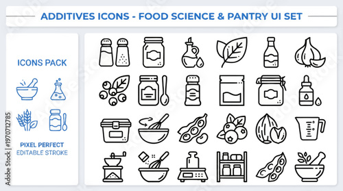 Outline vector icon set of food science, chemistry and pantry elements