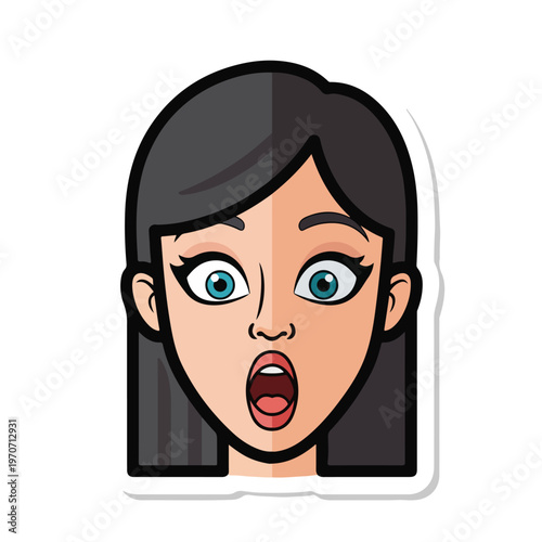 A shocked cartoon woman with dark hair and blue eyes