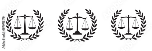 Scales of justice icon vector, logo design silhouette with laurel leaves, white background, legal law symbol illustration
