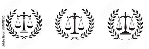 Scales of justice logo vector, icon silhouette with laurel leaves, white background, law and justice symbol illustration