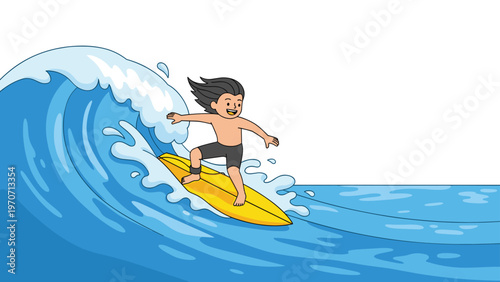 A happy man with long hair skillfully surfs a large blue ocean wave, riding a yellow surfboard with joy and excitement.