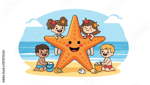 Four happy diverse children playing on a beach around a large, smiling starfish, collecting seashells under a sunny sky.
