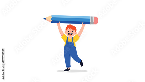 A happy boy in overalls holds a giant blue pencil above his head, symbolizing creativity, education, and artistic expression.