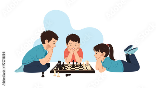 Three happy diverse children, two boys and a girl, sit around a chessboard, intently playing a strategic game, symbolizing intelligence.
