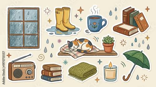 Cozy Cat Rainy Day with Books Radio and Candles