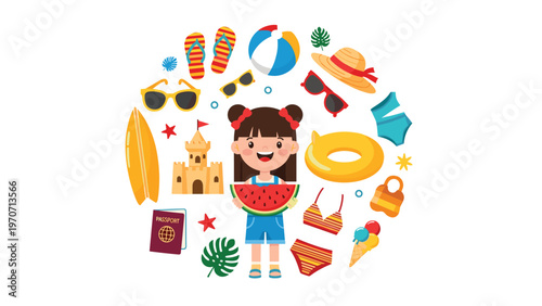 A happy girl holds a watermelon slice, surrounded by a circular collection of summer vacation items like swimsuits, sunglasses, and sandcastles.