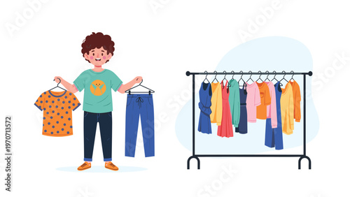 A happy boy holds a t-shirt and pants, deciding what to wear, while a clothes rack with various garments stands nearby, symbolizing fashion.
